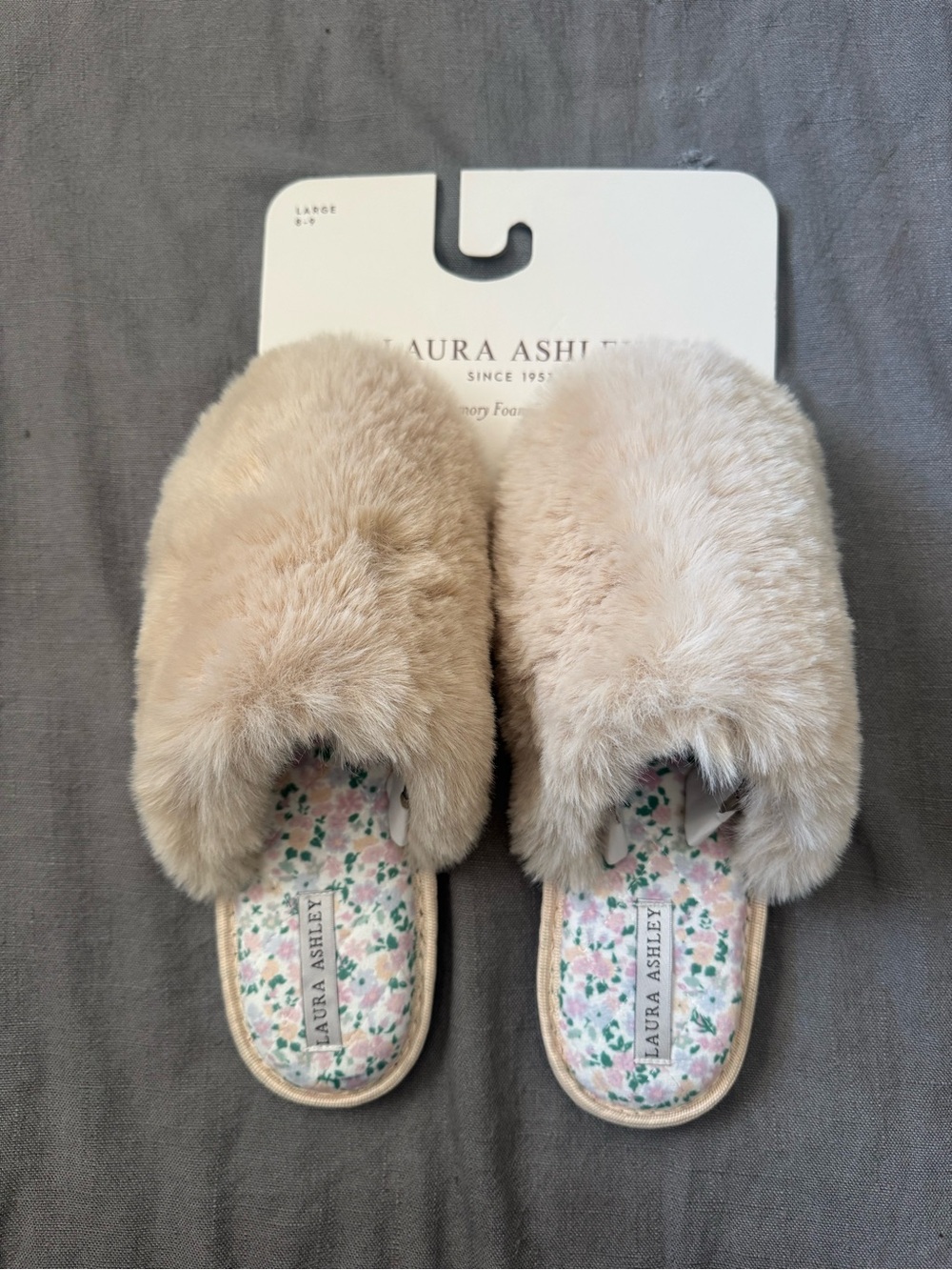 Laura Ashley Faux-Fur Slide Slippers in Beige and Black